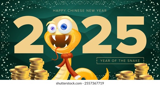 Cartoon snake with scarf symbol of 2025 lunar year. New year illustration. Happy Chinese New Year 2025 illustration vector design with cute and elegant golden snake and golden coins.