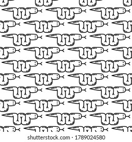 Cartoon snake silhouette vector seamless pattern. Black serpent on white background. 