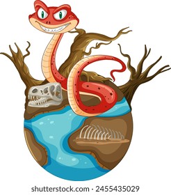 Cartoon snake with a sly grin on a haunted island.