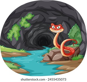 Cartoon snake smiling at a dark cave entrance.