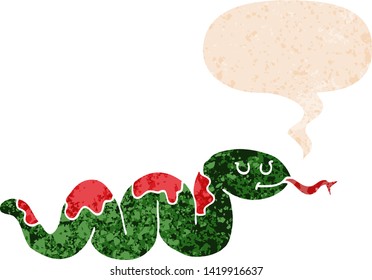 serpiente de dibujos animados con burbuja de habla en un estilo retro angustiado con textura estridente