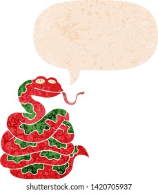 cartoon snake with speech bubble in grunge distressed retro textured style