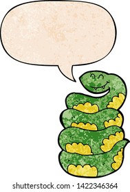 cartoon snake with speech bubble in retro texture style