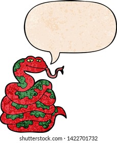 cartoon snake with speech bubble in retro texture style