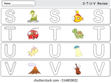 Cartoon snake, submarine, trolleybus, turtle, unicorn, ufo, volcano and violin. Alphabet tracing worksheet. S-T-U-V Review