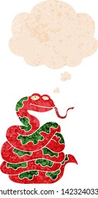 cartoon snake with thought bubble in grunge distressed retro textured style