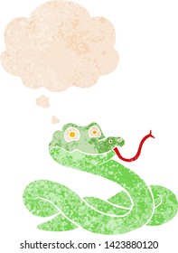 cartoon snake with thought bubble in grunge distressed retro textured style