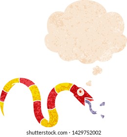 cartoon snake with thought bubble in grunge distressed retro textured style