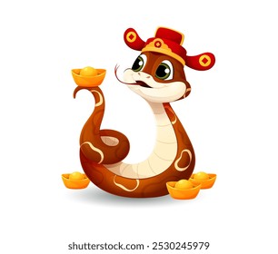 Cartoon snake in a traditional Chinese hat, balances a gold ingot on its tail. Isolated vector brown reptile zodiac animal symbol symbolizes prosperity, wealth and good fortune for the 2025 lunar year