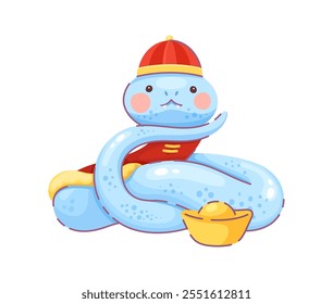 Cartoon snake in a traditional Chinese hat and vest resting beside a gold ingot. Isolated vector blue reptile zodiac animal symbol of prosperity, wealth and good fortune for the 2025 lunar new year