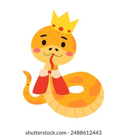 A cartoon snake wearing a crown and cape, with a smile on its face.