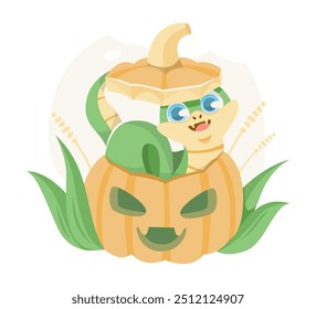 Cartoon snake wearing pumpkin hat and sitting inside carved pumpkin. Halloween-themed illustration.