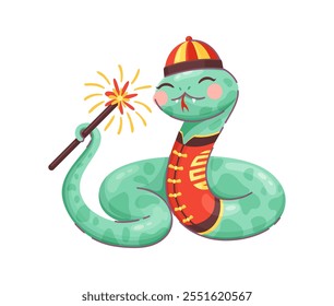 Cartoon cobra vestindo traje tradicional chinês com uma expressão lúdica e segurando um sparkler festivo, representando o Ano Novo chinês 2025 com espírito festivo, simbolizando a energia e diversão