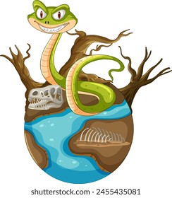 Cartoon snake wrapped around a tiny planet.