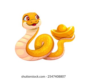 Cartoon snake zodiac character holds gold ingot, symbolizing prosperity and wealth for the Chinese lunar year 2025. Cute reptile with golden shiny body is coiled in a loop and expressive orange eyes