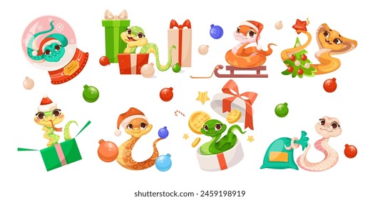 Cartoon snakes celebrating Christmas with gifts, baubles, ornaments, and festive attire, illustrated on a white background. Vector illustration