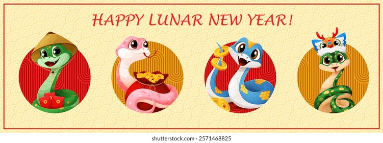 Cartoon snakes collage, 2025 Asian Chinese new year banner for Cny holiday. Cute happy reptiles in traditional festive hats holding red envelopes, gold coins and money purse celebrate prosperity