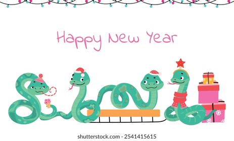 Cartoon snakes new year style. Funny snake wear santa claus hat, gift boxes and garlands. Winter holiday banner poster card, vector design