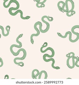 Cartoon snakes seamless pattern. Animal print background. Vector illustration. Mystical concept with serpents for textile fabric design. Abstract rattle snakes in modern minimal style.
