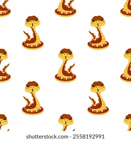 cartoon snakes seamless pattern in flat style on white background, cute tropical animals, decor textile, wrapping, wallpaper, print for fabric, symbol of new year