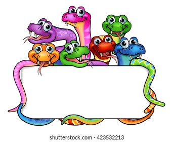 A cartoon snakes sign with cute friendly snake characters