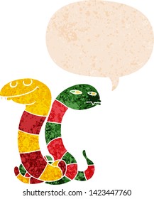 cartoon snakes with speech bubble in grunge distressed retro textured style