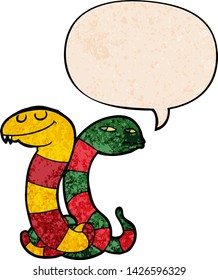 cartoon snakes with speech bubble in retro texture style