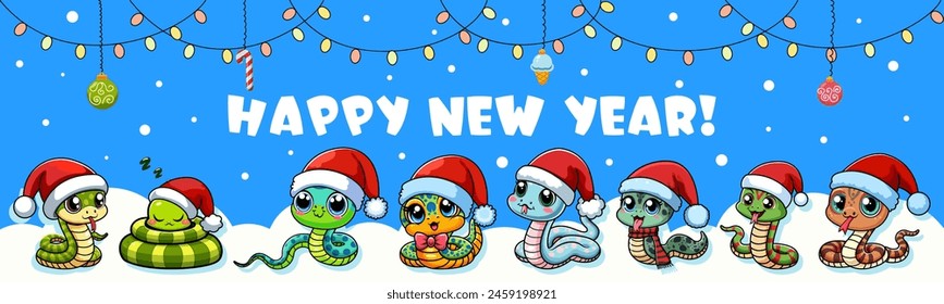 Cartoon snakes wearing Santa hats celebrating New Year on a snowy landscape under a light blue sky with festive lights. Vector illustration