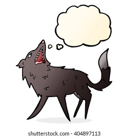 cartoon snapping wolf with thought bubble