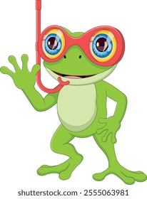 cartoon sncartoon snorkeling frog waving on white backgroundorkeling frog waving on white background