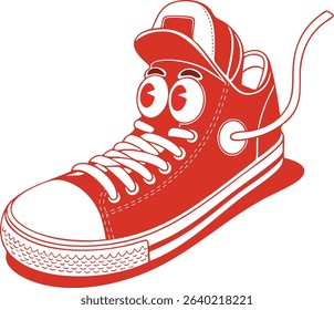 Cartoon Sneaker with Cute Eyes and a Hat. Red Colorful Footwear Illustration