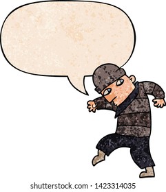 caricatura escabulléndose ladrón con burbuja de habla en estilo de textura retro