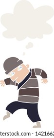 cartoon sneaking thief with thought bubble in retro style