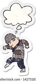 cartoon sneaking thief with thought bubble as a distressed worn sticker