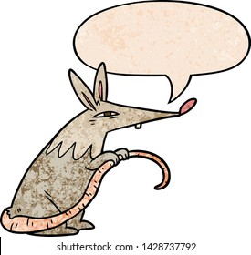 caricatura de rata furtiva con burbuja de habla en estilo de textura retro