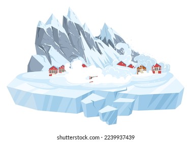 Cartoon snow avalanche natural disaster. Snowy mountains catastrophe, ice and snow descends on village houses, winter season cataclysm flat vector illustration on white background