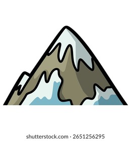 Cartoon snow capped mountain peak with blue sky and white snow