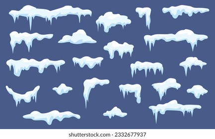 Cartoon snow caps kit. Flat winter cap with icicles, snowing christmas ice elements. Seasonal roof design, frost and icicle, snugly vector collection