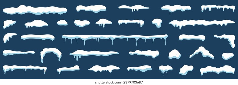 Cartoon snow caps. Set of snow cap. Snow caps, snowy ice and frozen icicles. Winter snowy decoration elements. Snow and ice, winter snowy caps for roof