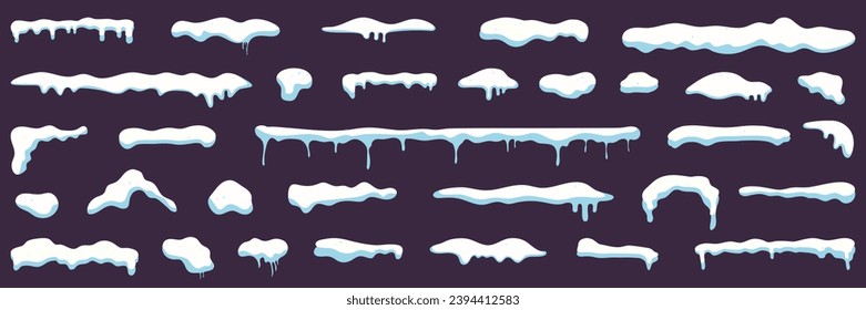 Cartoon snow caps. Set of snow cap. Snow caps, snowy ice and frozen icicles. Winter snowy decoration elements. Snow and ice, winter snowy caps for roof