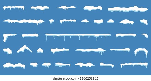 Cartoon snow caps. Set of snowy ice and frozen icicles in a flat design. Snowy Christmas decoration. Snow caps