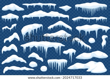 Cartoon snow caps. Snowdrift, pile of snow, snowball, roof or window snowcap with icicles. Winter christmas snowy decoration element vector set. Fluffy and frosty tops for winter season