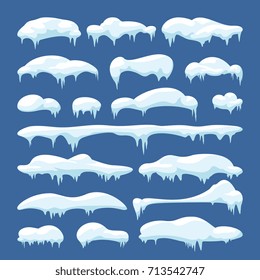 Cartoon snow caps, snowdrifts and icicles. Snowy christmas decoration vector elements. Snow cold frozen, snowflake wintery for web design illustration