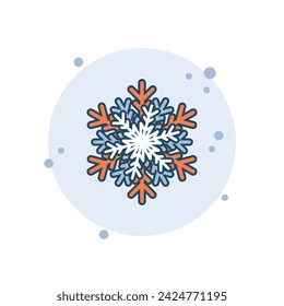 Ilustración de vector de icono de escamas de nieve de dibujos animados. Copo de nieve 3d sobre fondo de burbujas. Concepto de signo de Navidad.