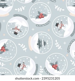 Cartoon Snow Globe Seamless Pattern. Cute holidays Christmas Winter Backgrounds. Vector hand drawn illustration