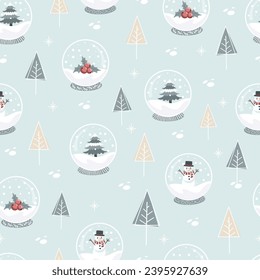 Cartoon Snow Globe Seamless Pattern. Cute holidays Christmas Winter Backgrounds. Vector hand drawn illustration