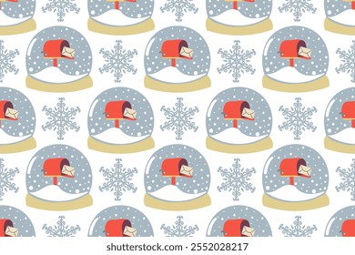 Cartoon Snow Globe Nahtloses Muster. Niedliche Feiertage Weihnachten Winter Hintergründe. Handgezeichnete Vektorgrafik , süße Winterelemente für Feiertage , Neujahr und Weihnachtsdesign.