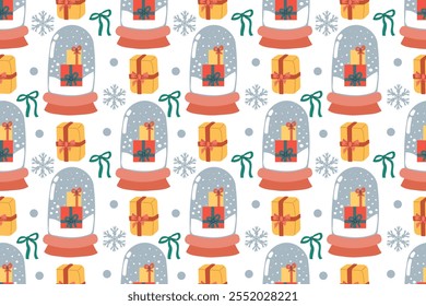 Globo de nieve de dibujos animados sin patrón. Vacaciones lindas Navidades Fondos de invierno. Vector dibujado a mano ilustración, lindos Elementos de invierno para vacaciones, año nuevo y diseño de Navidades.