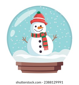 Cartoon Snow globe with Snowman in a red scarf and hat. Vector illustration. Winter seasonal flat vector illustration. Symbol of Christmas and Happy New Year