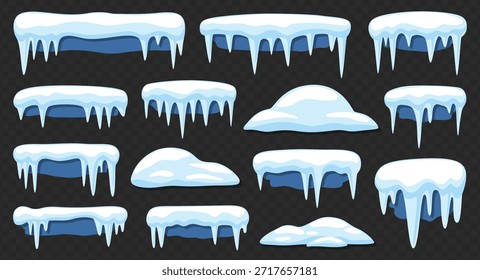 Cartoon Schnee und Eiszapfen mit gefrorenen Tropfkanten und weichen Schneekappen und Eisschmelze einzeln auf transparentem Hintergrund